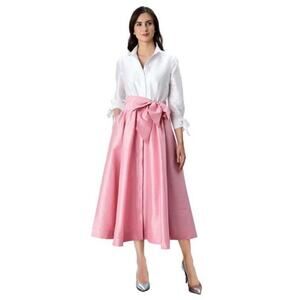 EShakti Colorblock Dupioni Sash-Tie Maxi Shirtdress Pink & white size small
